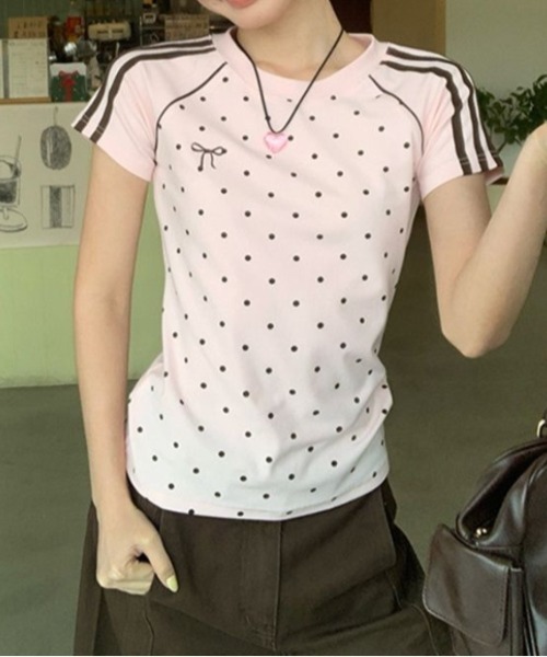 Vipoa(ヴィポア)の「polka dot line T-shirt(Tシャツ/カットソー・レディース・ピンク/ホワイト・FREE)」の5枚目の写真