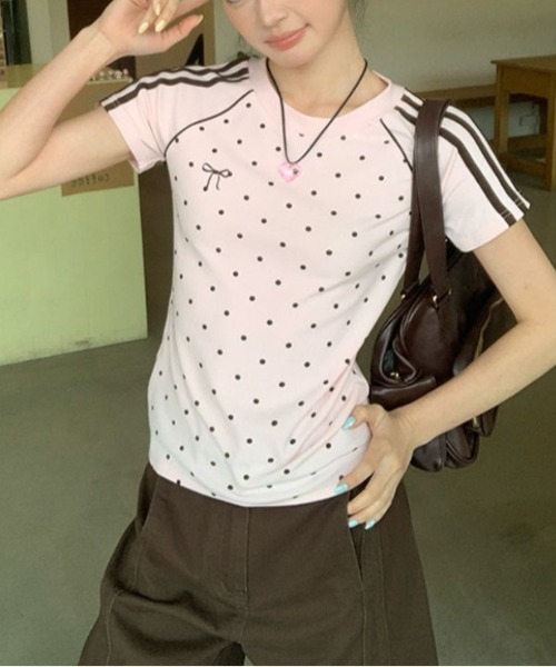 Vipoa(ヴィポア)の「polka dot line T-shirt(Tシャツ/カットソー・レディース・ピンク/ホワイト・FREE)」の6枚目の写真