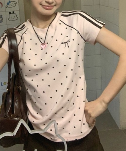 Vipoa(ヴィポア)の「polka dot line T-shirt(Tシャツ/カットソー・レディース・ピンク/ホワイト・FREE)」の12枚目の写真