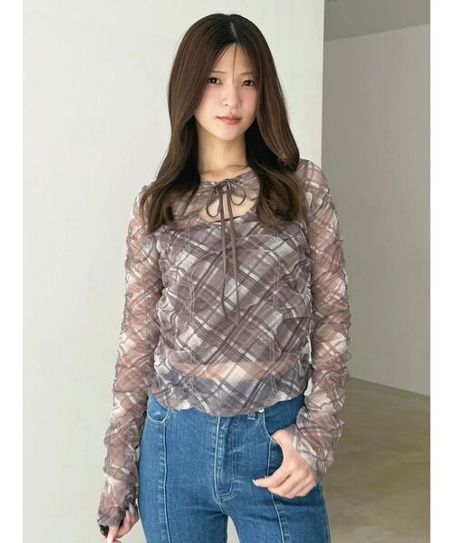 MERCURYDUO（マーキュリーデュオ）の「チュールシャーリングトップス（Tシャツ/カットソー・レディース・ブラウン/その他1・FREE）」の4枚目の写真