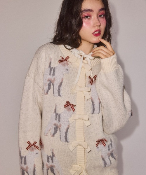 Candy Stripper(キャンディストリッパー)の「DOG RIBBON KNIT カーディガン(カーディガン/ボレロ・レディース・レッド/アイボリー/チャコール・FREE)」の4枚目の写真