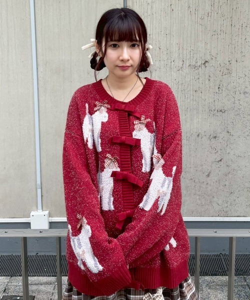 Candy Stripper(キャンディストリッパー)の「DOG RIBBON KNIT カーディガン(カーディガン/ボレロ・レディース・レッド/アイボリー/チャコール・FREE)」の9枚目の写真