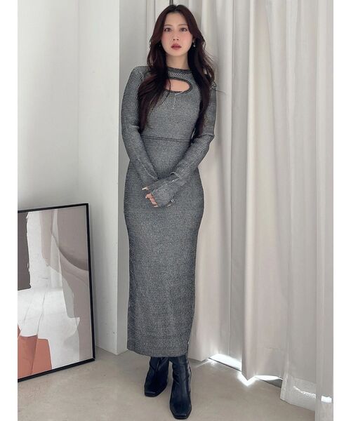 MERCURYDUO(マーキュリーデュオ)の「チェーン付カットアウトラメニットワンピース(ワンピース・レディース・ライム/ブラック/ラベンダー・FREE)」の5枚目の写真
