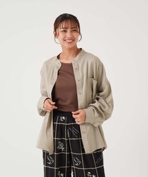 バンドカラー長袖ワイドシャツ