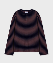 GLW（ジーエルダブリュ）の「[ユニセックス] ストライプヘンリーネックロングスリーブTワイン（Tシャツ/カットソー）」