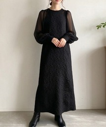 シアー切り替えジャガード長袖ワンピース