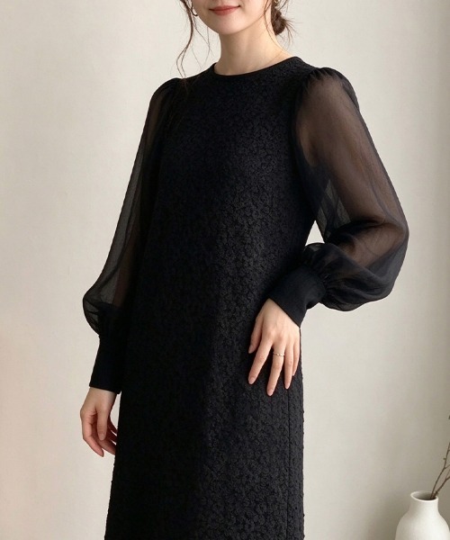 ONEP STAR(ワンピスター)の「シアー切り替えジャガード長袖ワンピース(ワンピース・レディース・ブラック/ベージュ・FREE)」の9枚目の写真