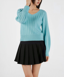 UMM（ウム）の「レディース ダブルVネック クロップド長袖ニット 5COLOR（ニット/セーター）」