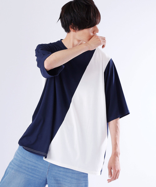 MONO-MART(モノマート)の「オーバーサイズドロップショルダー TR斜め切り替えバイカラーカットソー(Tシャツ/カットソー・メンズ・ホワイト系その他/グリーン系その他/ブルー系その他/グレー系その他・FREE)」の2枚目の写真