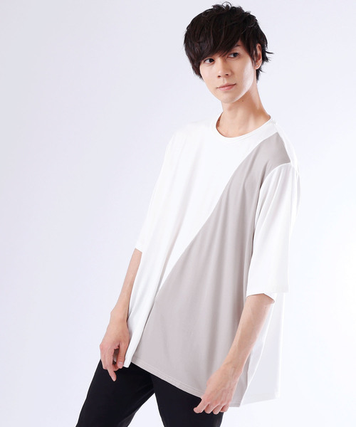 MONO-MART(モノマート)の「オーバーサイズドロップショルダー TR斜め切り替えバイカラーカットソー(Tシャツ/カットソー・メンズ・ホワイト系その他/グリーン系その他/ブルー系その他/グレー系その他・FREE)」の3枚目の写真