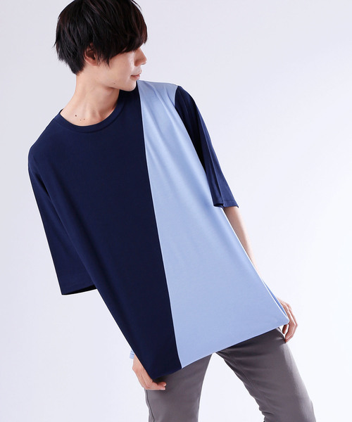 MONO-MART(モノマート)の「オーバーサイズドロップショルダー TR斜め切り替えバイカラーカットソー(Tシャツ/カットソー・メンズ・ホワイト系その他/グリーン系その他/ブルー系その他/グレー系その他・FREE)」の4枚目の写真