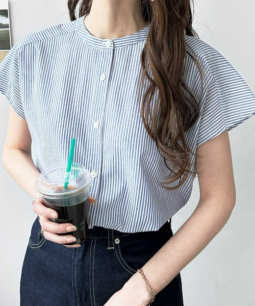 セール】無地/ストライプ バンドカラーフレンチスリーブシャツ