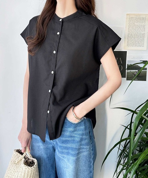 エバゴス ebagos フレンチスリーブ・シャツ ブルーストライプ セール】無地/ストライプ バンドカラーフレンチスリーブシャツ