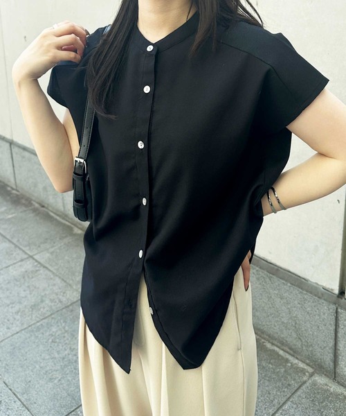 shiroshiros出品 セール】無地/ストライプ バンドカラーフレンチスリーブシャツブラウス