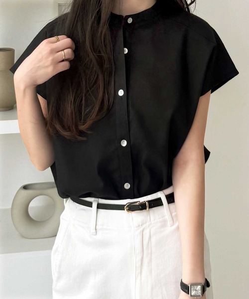 セール】無地/ストライプ バンドカラーフレンチスリーブシャツブラウス