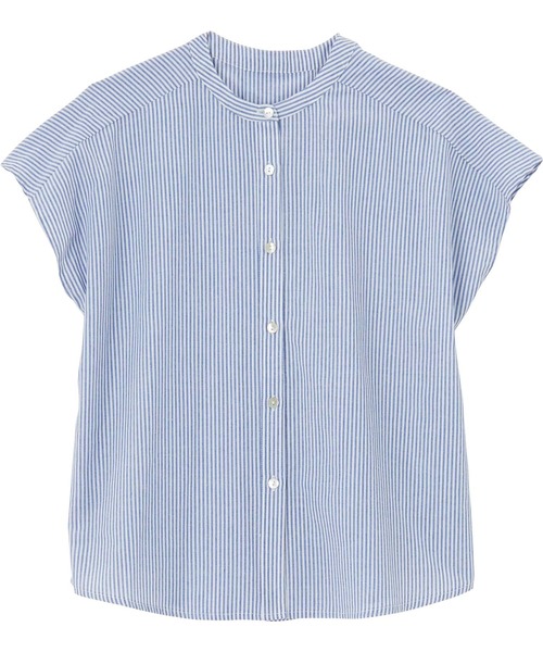 セール】無地/ストライプ バンドカラーフレンチスリーブシャツブラウス