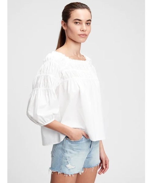 GAP(ギャップ)の「七分袖 ルーシュトップス(シャツ/ブラウス・レディース・ホワイト/キャメル・L/S/XXS/XS/M)」の5枚目の写真