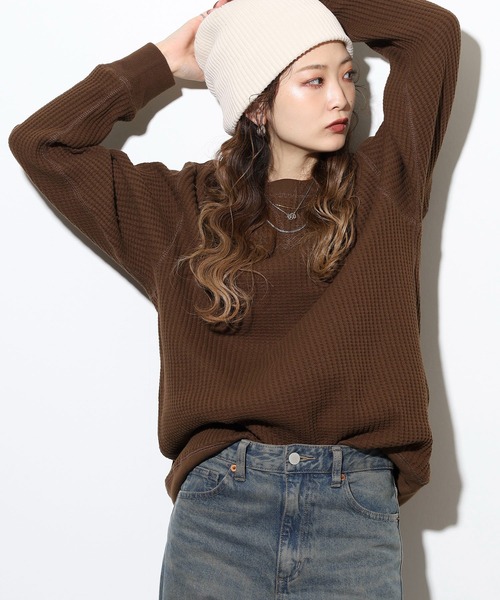 JEMORGAN(ジェーイーモーガン)の「JEMORGAN ビッグワッフル クルーネック(Tシャツ/カットソー・レディース・ブラック/オフホワイト/杢グレー/カーキ/ベージュ/ネイビー/マスタード/チャコール/スモークピンク/ミント/サックスブルー/ブルー/ダークオレンジ/ブルーグリーン/ブラック×グレー/ホワイト×ネイビー/モカ/オートミール/パープル/グリーン/オレンジ/ブラウン・L/S/M/XL)」の7枚目の写真