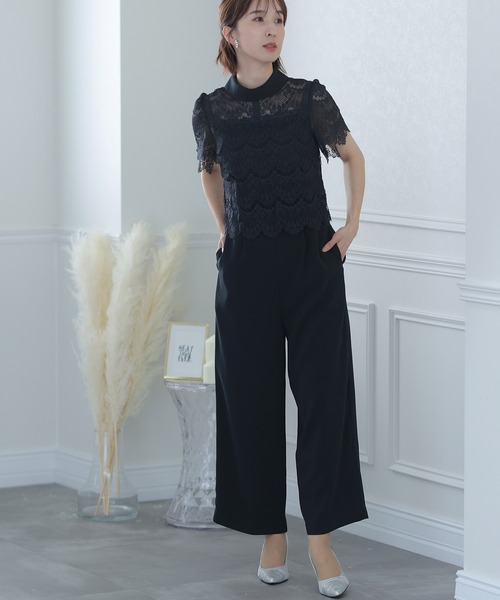 PourVous(プールヴー)の「ワイド ルーズ フォーマル お呼ばれ ロング丈&結婚式 レース トップス オールインワン パーティー パンツドレス オケージョンドレス 七五三 ママ お宮参り 学校行事 二次会 成人式 (パンツドレス・レディース・ライトブルー/ブラック/ネイビー・M)」の3枚目の写真