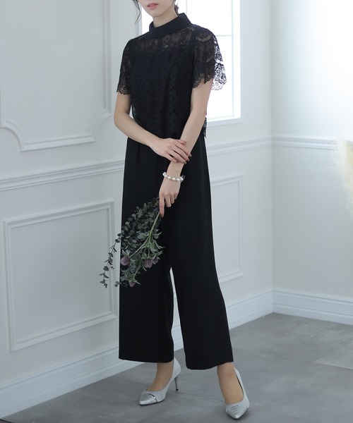PourVous(プールヴー)の「ワイド ルーズ フォーマル お呼ばれ ロング丈&結婚式 レース トップス オールインワン パーティー パンツドレス オケージョンドレス 七五三 ママ お宮参り 学校行事 二次会 成人式 (パンツドレス・レディース・ライトブルー/ブラック/ネイビー・M)」の4枚目の写真