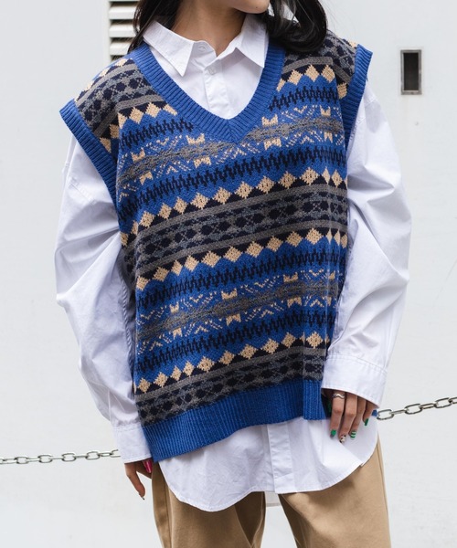 WEGO（ウィゴー）の「WEGO/ノルディックボーダーベスト（ベスト・メンズ・ブルー系その他/ベージュ系その他・FREE）」の9枚目の写真