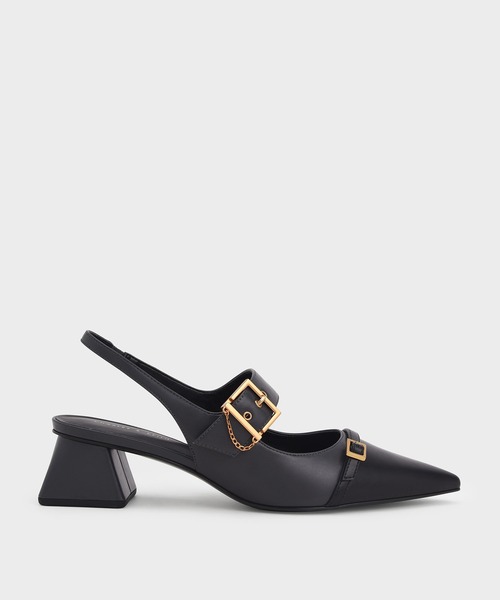 CHARLES & KEITH(チャールズ & キース)の「ダブルバックルフレーム ヒールスリングバックパンプス / Double Buckle Flare Heel Slingback Pumps(パンプス・レディース・オフホワイト/ダークブルー・22.5cm/23cm/23.5cm/24.5cm/25cm/25.5cm/22cm)」の1枚目の写真