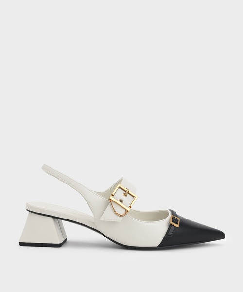 CHARLES & KEITH(チャールズ & キース)の「ダブルバックルフレーム ヒールスリングバックパンプス / Double Buckle Flare Heel Slingback Pumps(パンプス・レディース・オフホワイト/ダークブルー・22.5cm/23cm/23.5cm/24.5cm/25cm/25.5cm/22cm)」の2枚目の写真