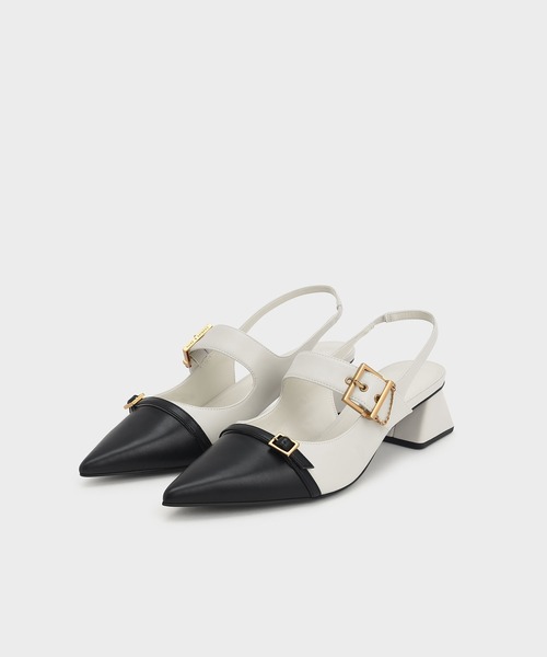 CHARLES & KEITH(チャールズ & キース)の「ダブルバックルフレーム ヒールスリングバックパンプス / Double Buckle Flare Heel Slingback Pumps(パンプス・レディース・オフホワイト/ダークブルー・22.5cm/23cm/23.5cm/24.5cm/25cm/25.5cm/22cm)」の4枚目の写真