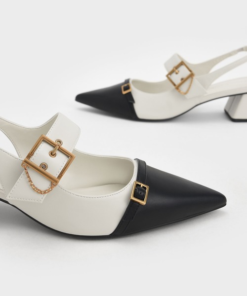 CHARLES & KEITH(チャールズ & キース)の「ダブルバックルフレーム ヒールスリングバックパンプス / Double Buckle Flare Heel Slingback Pumps(パンプス・レディース・オフホワイト/ダークブルー・22.5cm/23cm/23.5cm/24.5cm/25cm/25.5cm/22cm)」の6枚目の写真