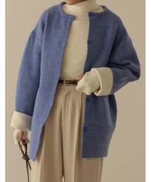 [新色追加]ノーカラー起毛配色ニットコート