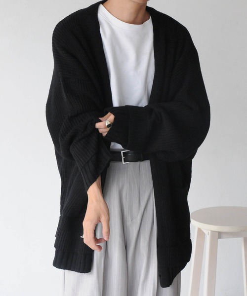 NILWAY（ニルウェイ）の「コットン混ニットマルチレイヤードビッグカーディガン（カーディガン/ボレロ・メンズ・ブラック/グリーン/アイボリー/チャコール・MEDIUM/LARGE）」の3枚目の写真