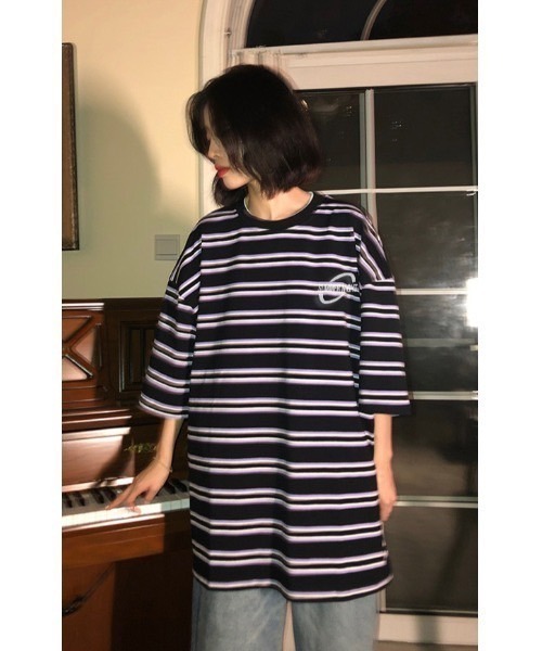 BASQUE magenta（バスクマゼンタ）の「マルチボーダービッグシルエットTシャツ（Tシャツ/カットソー・レディース・ブラック/パープル・FREE）」の7枚目の写真