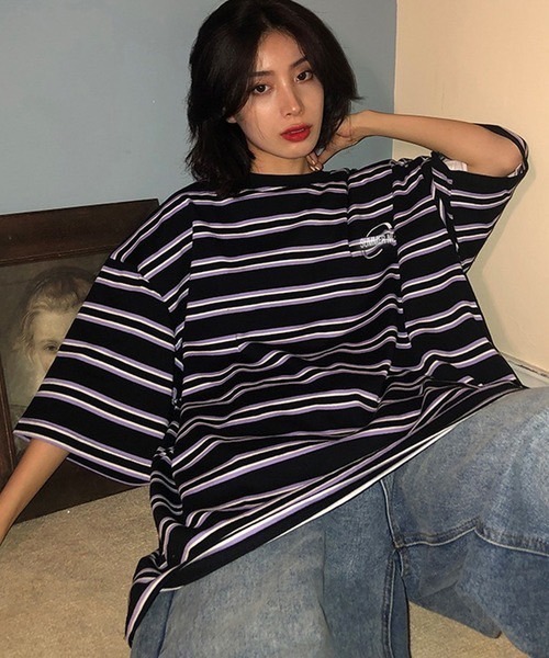 BASQUE magenta（バスクマゼンタ）の「マルチボーダービッグシルエットTシャツ（Tシャツ/カットソー・レディース・ブラック/パープル・FREE）」の9枚目の写真