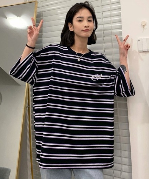 BASQUE magenta（バスクマゼンタ）の「マルチボーダービッグシルエットTシャツ（Tシャツ/カットソー・レディース・ブラック/パープル・FREE）」の10枚目の写真