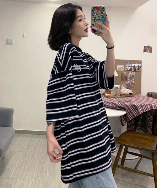 BASQUE magenta（バスクマゼンタ）の「マルチボーダービッグシルエットTシャツ（Tシャツ/カットソー・レディース・ブラック/パープル・FREE）」の11枚目の写真