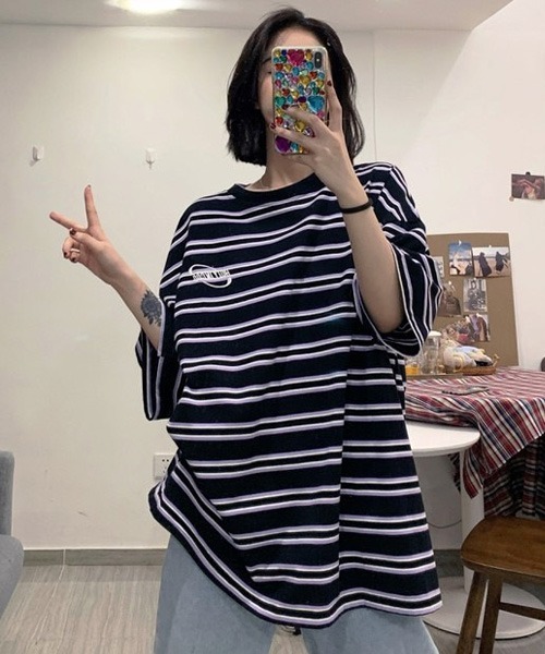 BASQUE magenta（バスクマゼンタ）の「マルチボーダービッグシルエットTシャツ（Tシャツ/カットソー・レディース・ブラック/パープル・FREE）」の13枚目の写真