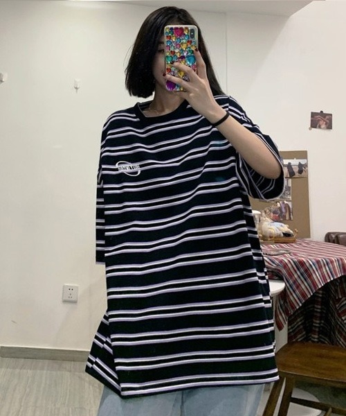 BASQUE magenta（バスクマゼンタ）の「マルチボーダービッグシルエットTシャツ（Tシャツ/カットソー・レディース・ブラック/パープル・FREE）」の14枚目の写真