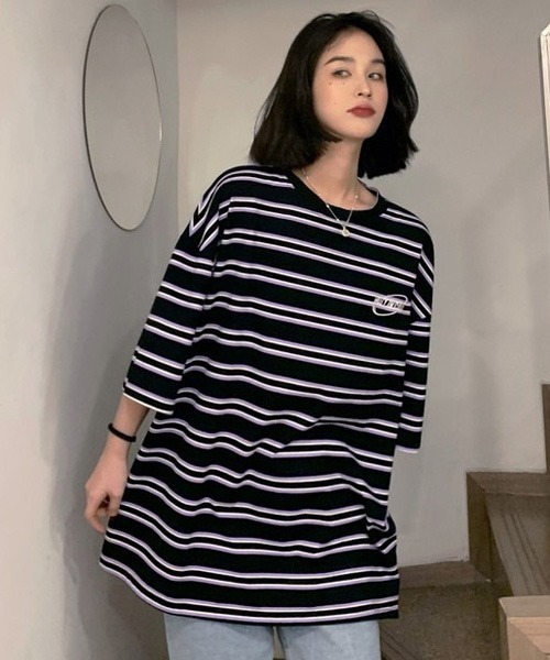 BASQUE magenta（バスクマゼンタ）の「マルチボーダービッグシルエットTシャツ（Tシャツ/カットソー・レディース・ブラック/パープル・FREE）」の15枚目の写真