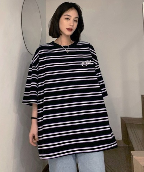 BASQUE magenta（バスクマゼンタ）の「マルチボーダービッグシルエットTシャツ（Tシャツ/カットソー・レディース・ブラック/パープル・FREE）」の16枚目の写真