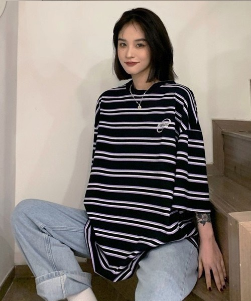 BASQUE magenta（バスクマゼンタ）の「マルチボーダービッグシルエットTシャツ（Tシャツ/カットソー・レディース・ブラック/パープル・FREE）」の17枚目の写真