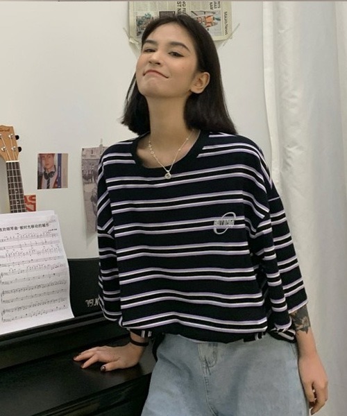 BASQUE magenta（バスクマゼンタ）の「マルチボーダービッグシルエットTシャツ（Tシャツ/カットソー・レディース・ブラック/パープル・FREE）」の18枚目の写真