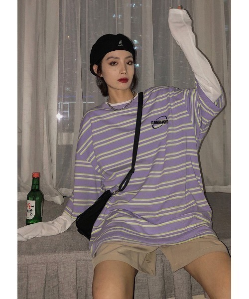 BASQUE magenta（バスクマゼンタ）の「マルチボーダービッグシルエットTシャツ（Tシャツ/カットソー・レディース・ブラック/パープル・FREE）」の19枚目の写真