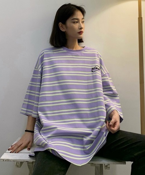 BASQUE magenta（バスクマゼンタ）の「マルチボーダービッグシルエットTシャツ（Tシャツ/カットソー・レディース・ブラック/パープル・FREE）」の20枚目の写真