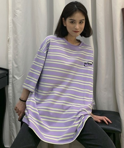 BASQUE magenta（バスクマゼンタ）の「マルチボーダービッグシルエットTシャツ（Tシャツ/カットソー・レディース・ブラック/パープル・FREE）」の21枚目の写真