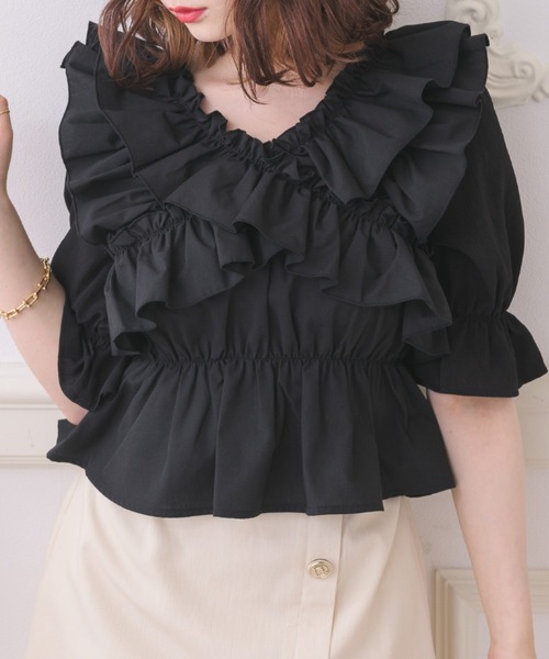 ems excite（エムズエキサイト）の「ドッキングフリルBL（シャツ/ブラウス・レディース・ホワイト/ブラック/ブルー・FREE）」の2枚目の写真