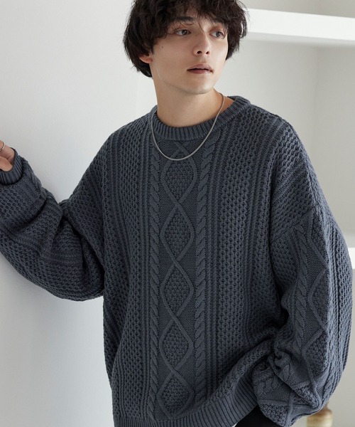 ケーブル編みボリュームルーズプルオーバーニット（ニット/セーター