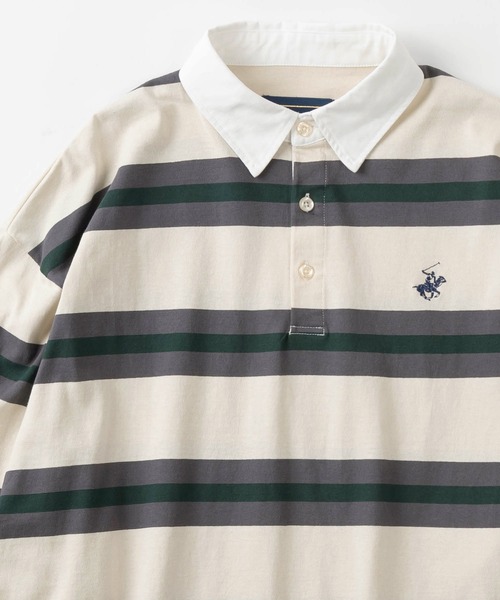 BEVERLY HILLS POLO CLUB(ビバリーヒルズポロクラブ)の「【BEVERLY HILLS POLO CLUB/ビバリーヒルズポロクラブ】ワンポイント刺繍 マルチボーダー ラガーシャツ/ ラグビーシャツ/ビッグシルエット(スウェット・レディース・オフホワイト/チャコールグレー/グリーン/ネイビー・M/L)」の2枚目の写真