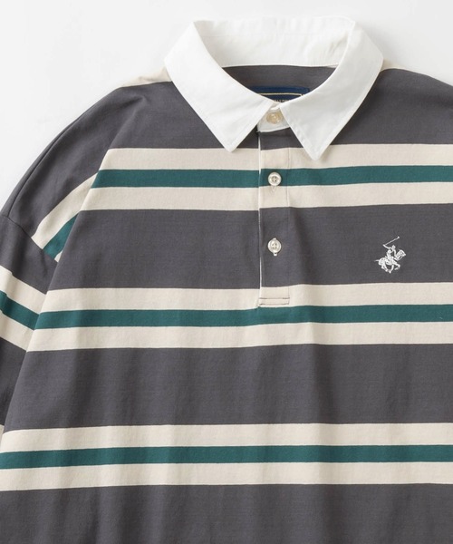 BEVERLY HILLS POLO CLUB(ビバリーヒルズポロクラブ)の「【BEVERLY HILLS POLO CLUB/ビバリーヒルズポロクラブ】ワンポイント刺繍 マルチボーダー ラガーシャツ/ ラグビーシャツ/ビッグシルエット(スウェット・レディース・オフホワイト/チャコールグレー/グリーン/ネイビー・M/L)」の3枚目の写真