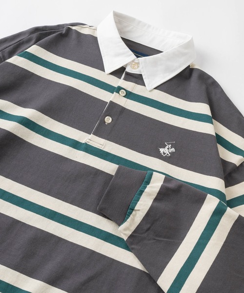 BEVERLY HILLS POLO CLUB(ビバリーヒルズポロクラブ)の「【BEVERLY HILLS POLO CLUB/ビバリーヒルズポロクラブ】ワンポイント刺繍 マルチボーダー ラガーシャツ/ ラグビーシャツ/ビッグシルエット(スウェット・レディース・オフホワイト/チャコールグレー/グリーン/ネイビー・M/L)」の13枚目の写真