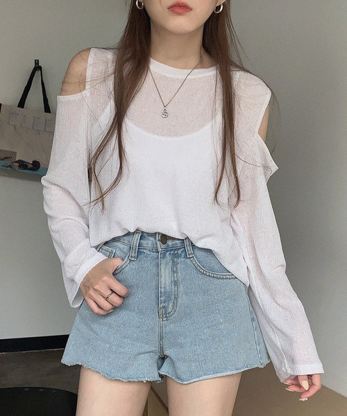 LAFFMO(ラフモ)の「ショルダースリットシアーリブトップス(Tシャツ/カットソー・レディース・グレー/ブラック/ホワイト/ブルー・FREE)」の22枚目の写真